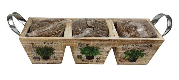 Starterset Kräutergarten aus Holz mit Saatgut (Thymian, Basilikum, Petersilie) & Nährmedium